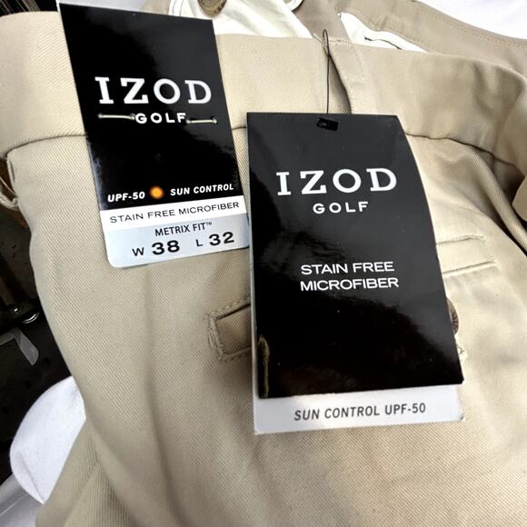 IZOD Golf Pants Men's 38x32 NWT beige front pleat back pocket buttons Metrix fit - Picture 2 of 9